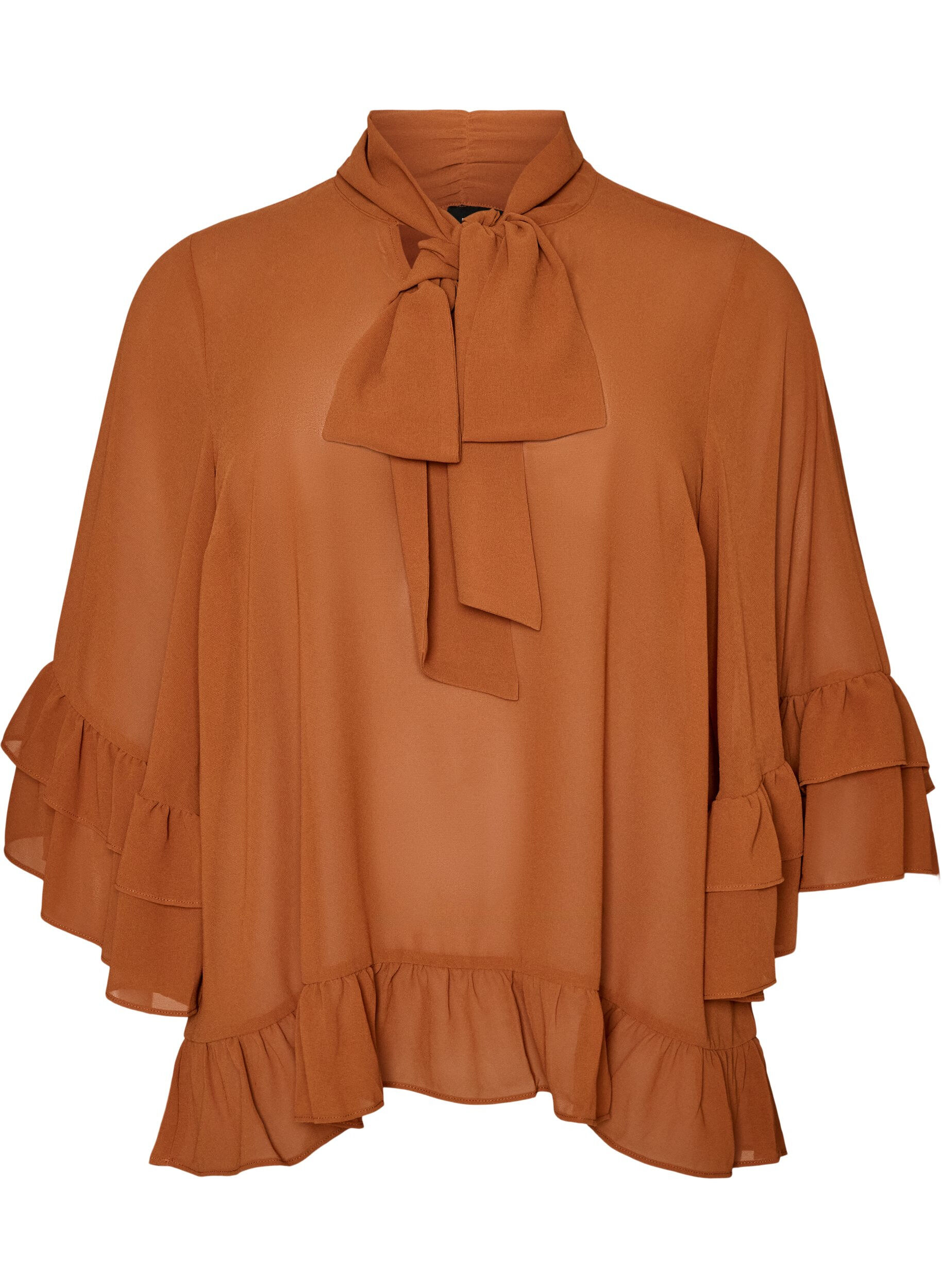 ZizziBluse med b&aring;ndknyting og volangdetaljer, Brun, Packshot image number 0