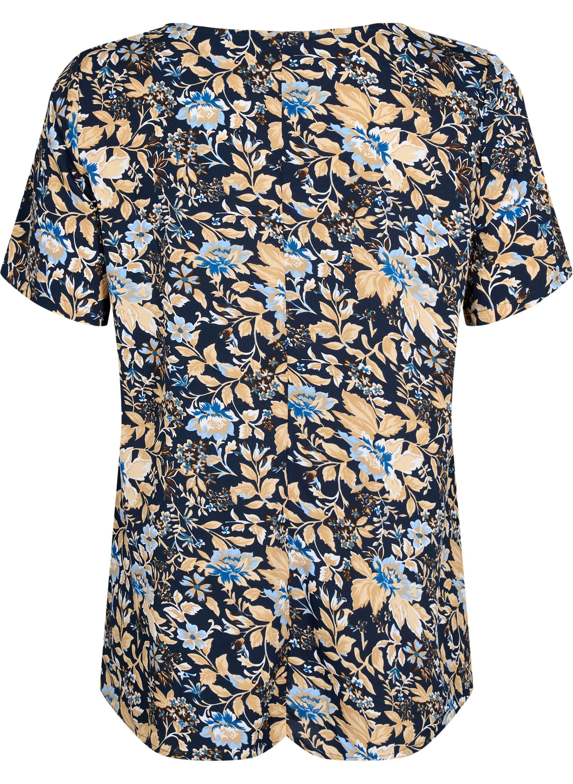Zizzi FLASH - Bluse med korte ermer og trykk, Brown Blue Flower, Packshot image number 1