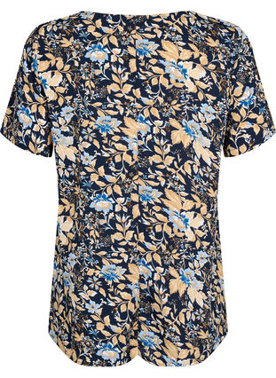 FLASH - Bluse med korte ermer og trykk, Brown Blue Flower, Packshot image number 1