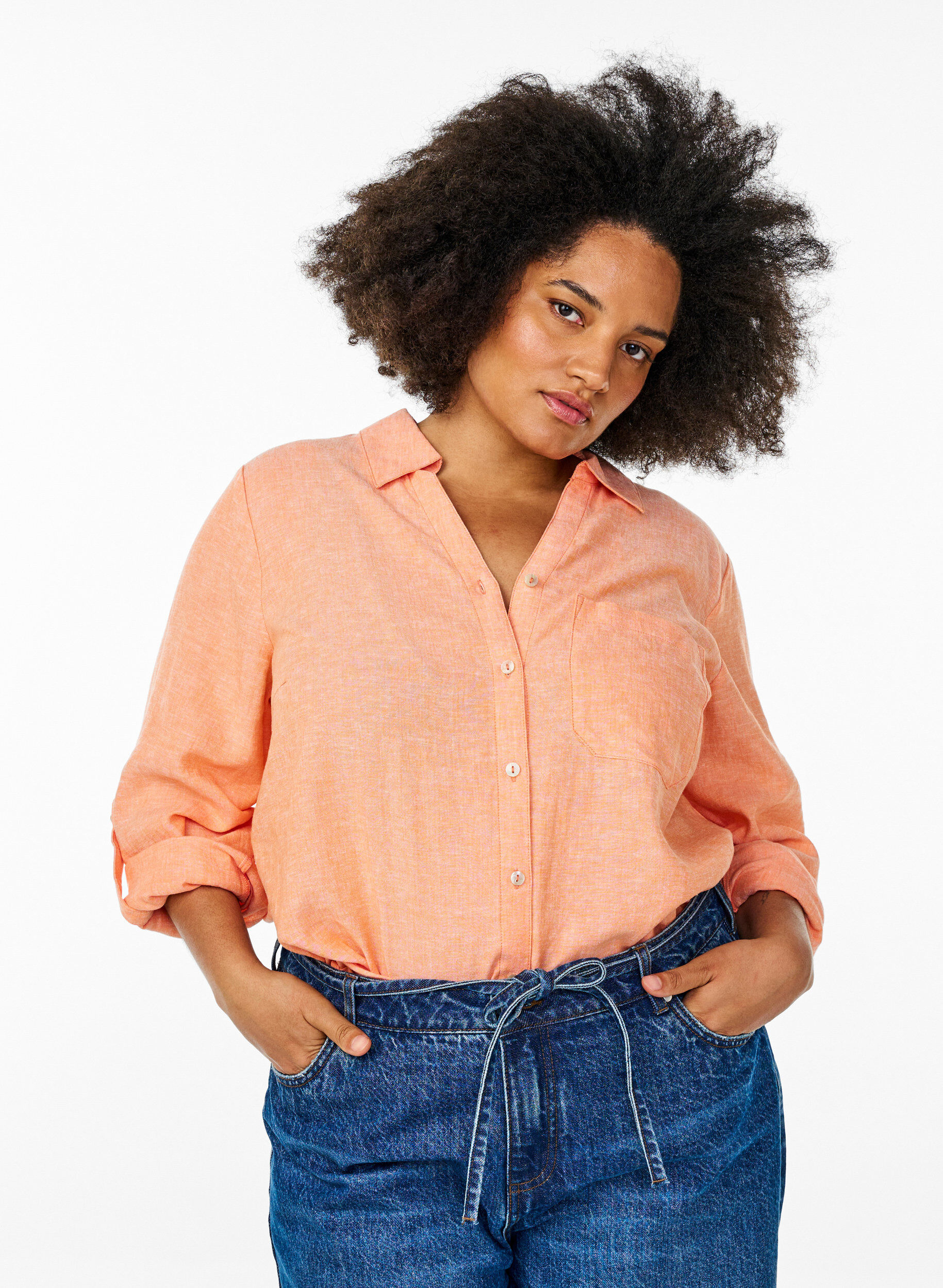 ZizziSkjorte i lin og viskose med 3/4 ermer, Orange, Model image number 0