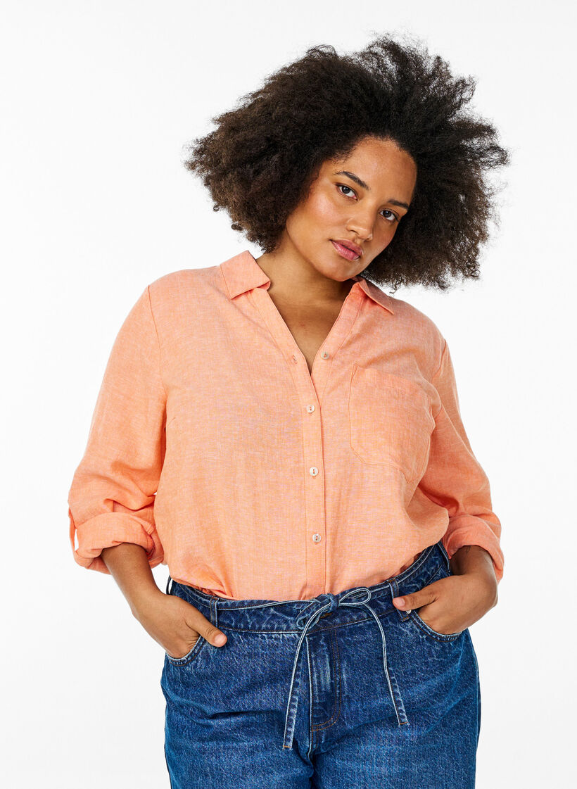 Skjorte i lin og viskose med 3/4 ermer, Orange, Model image number 0