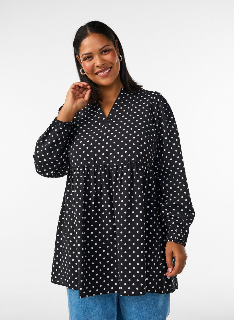Prikkete tunika med empireliv og A-linjeform, Svart, Model image number 0