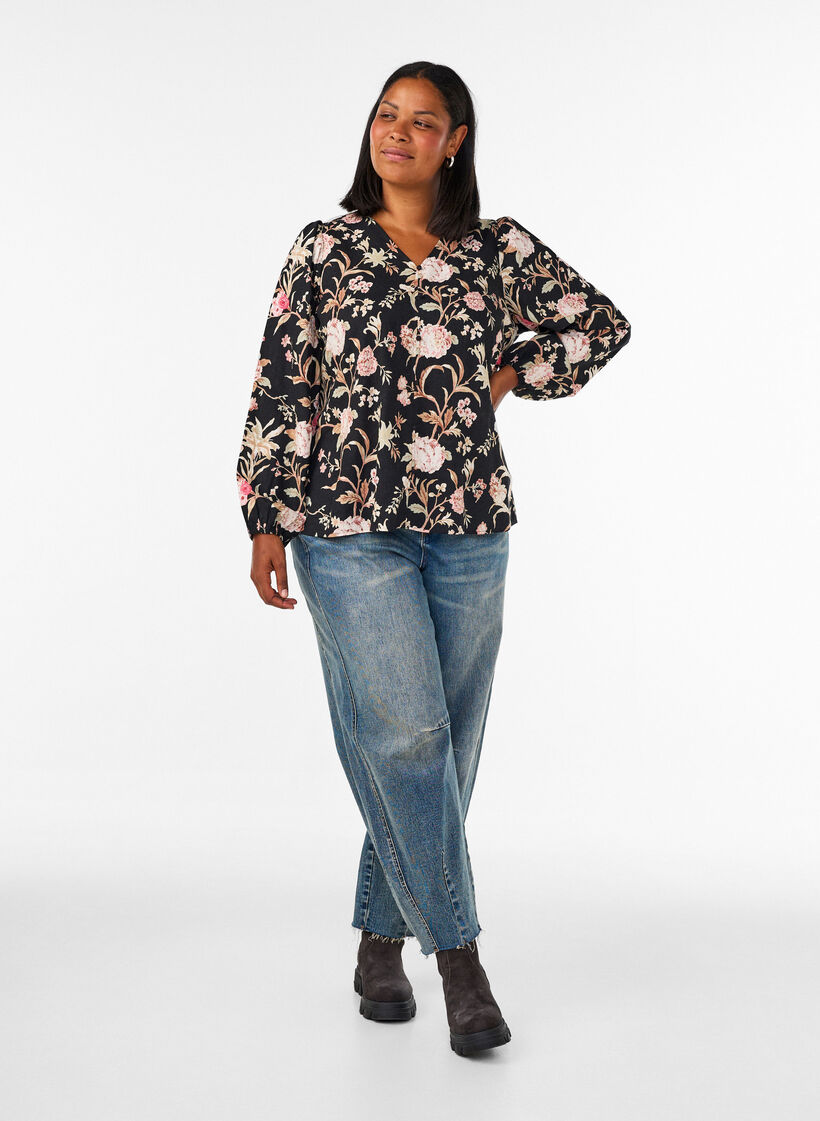 Bluse med blomstertrykk i lin og viskose med lange ermer, Svart, Model image number 1