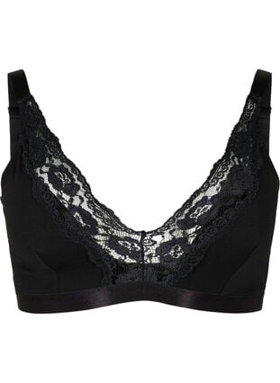 Zizzi Bralette i bomull med blonder, Svart, Packshot image number 0