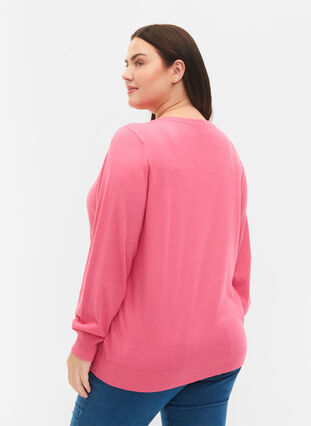 Ensfarget strikkegenser med ribbedetaljer, Hot Pink Mel., Model image number 1