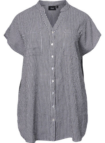 Kortermet bomullskjorte med striper, Black Stripe, Packshot image number 0