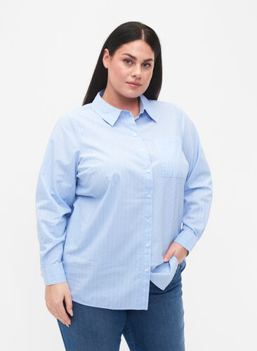 Skjorte i bomullsblanding, Blue w. White Stripe, Model image number 0