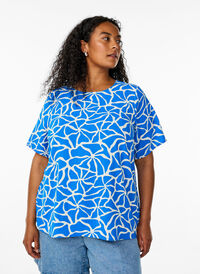 Kortermet bluse med rund hals, Blå Kortermet bluse med rund hals, Blå, Model