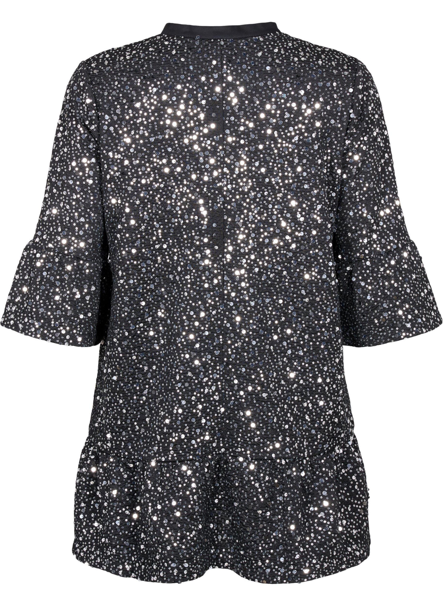 Zizzi Paljettkjole med V-hals og 3/4 ermer, Black w. Sequins, Packshot image number 1