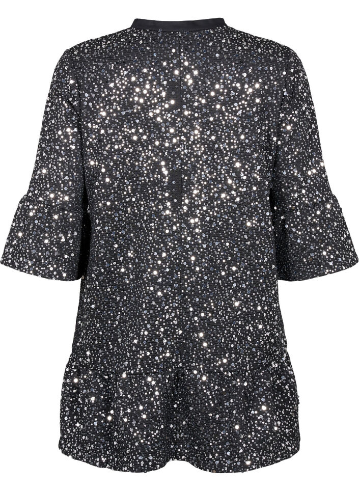 Paljettkjole med V-hals og 3/4 ermer, Black w. Sequins, Packshot image number 1