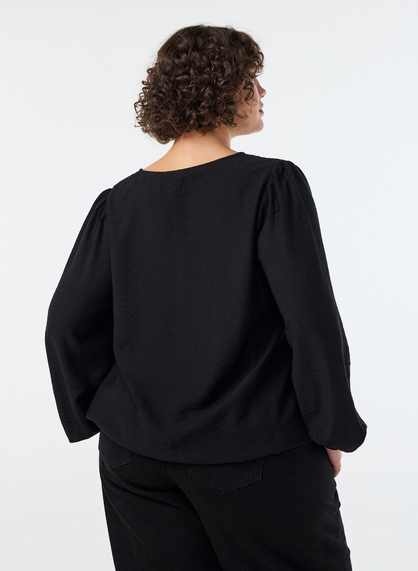 Viskosebluse med V-hals og ballongsilhuett, Svart, Model image number 2