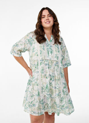 Zizzi Kort viskosekjole med blonderkant og A-formet snitt, Hvit, Model image number 0