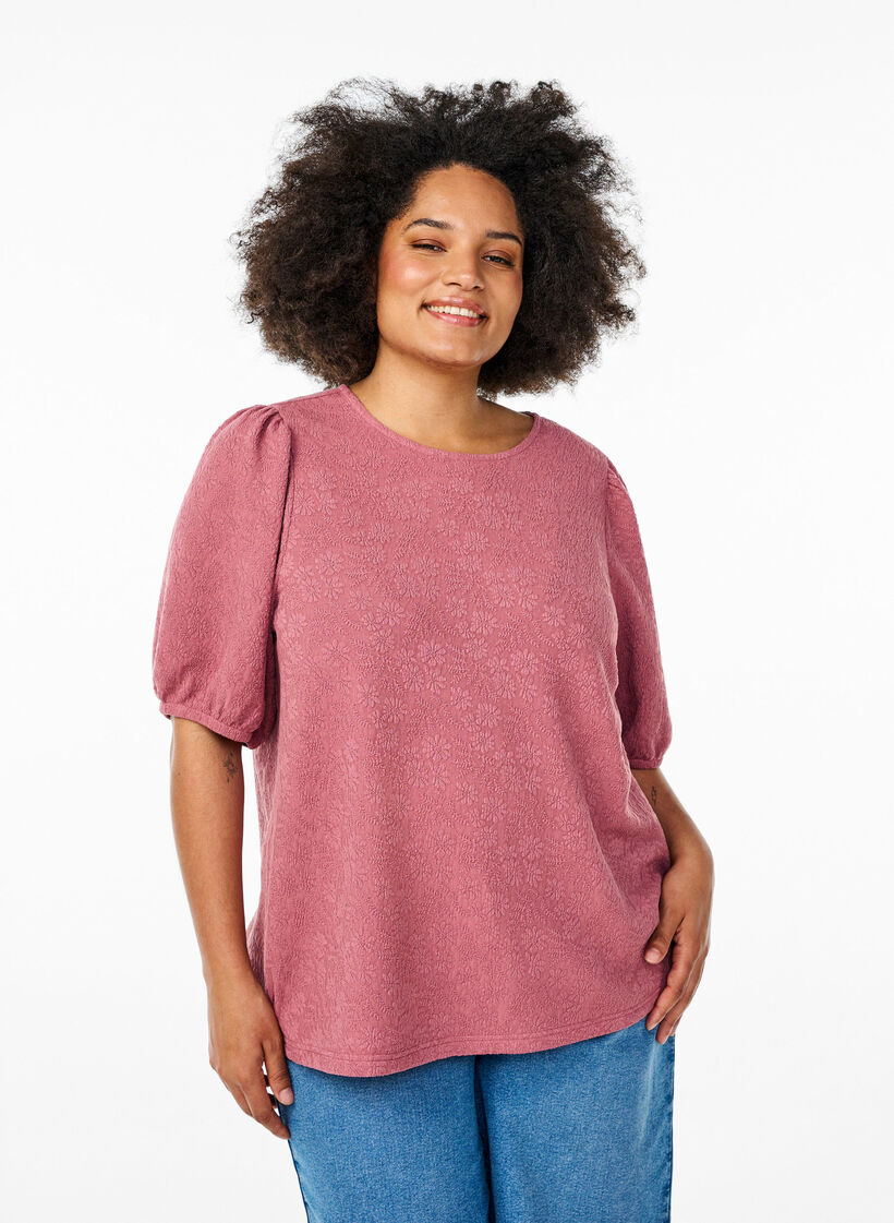 Strukturert bluse med korte ermer, Rosa, Model image number 0
