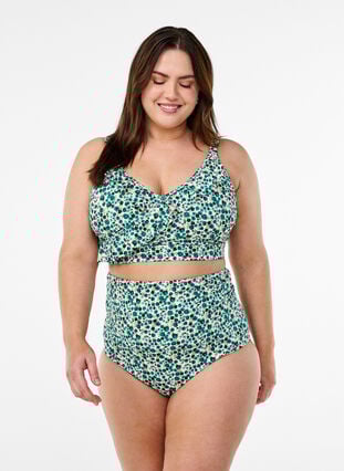 Zizzi Blomstrete bikinioverdel med volangdetaljer, Grønn, Model image number 1