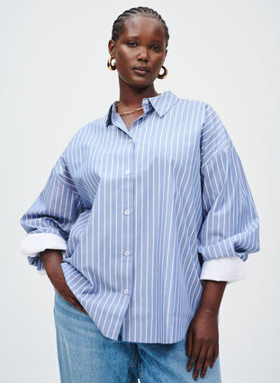 Zizzi Stripete skjorte med kontrastmansjetter, Blue w. White Stripe, Image image number 0