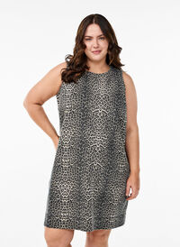 Kort ermeløs denimkjole med leopardmønster, Brun Kort ermeløs denimkjole med leopardmønster, Brun, Model