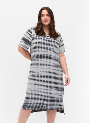 Zizzi Kortermet viskosekjole med tie-dye mønster, White, Black Tie Dye, Model image number 0