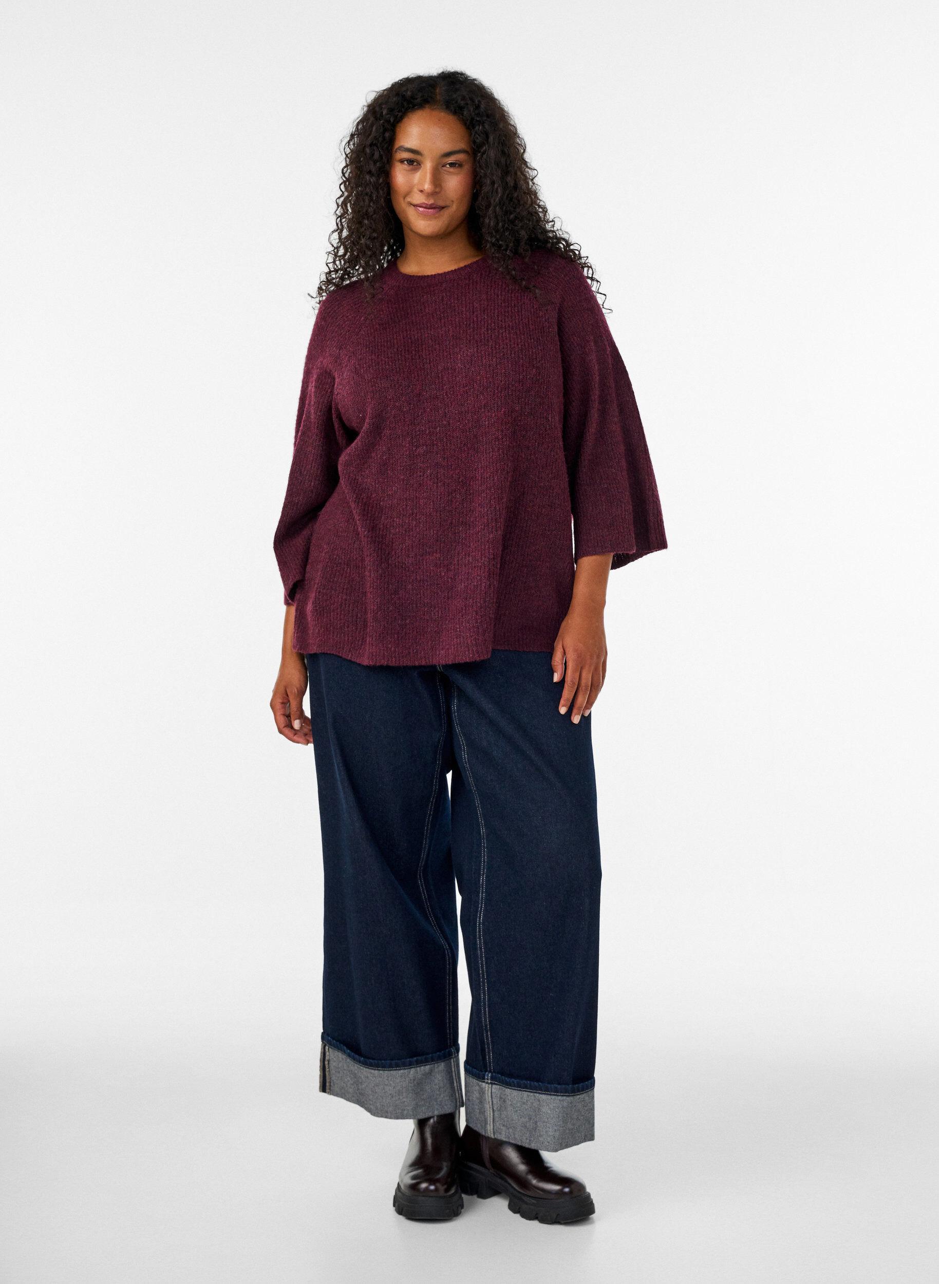 ZizziRibbestrikket genser med 3/4-ermer, R&oslash;d, Model image number 1