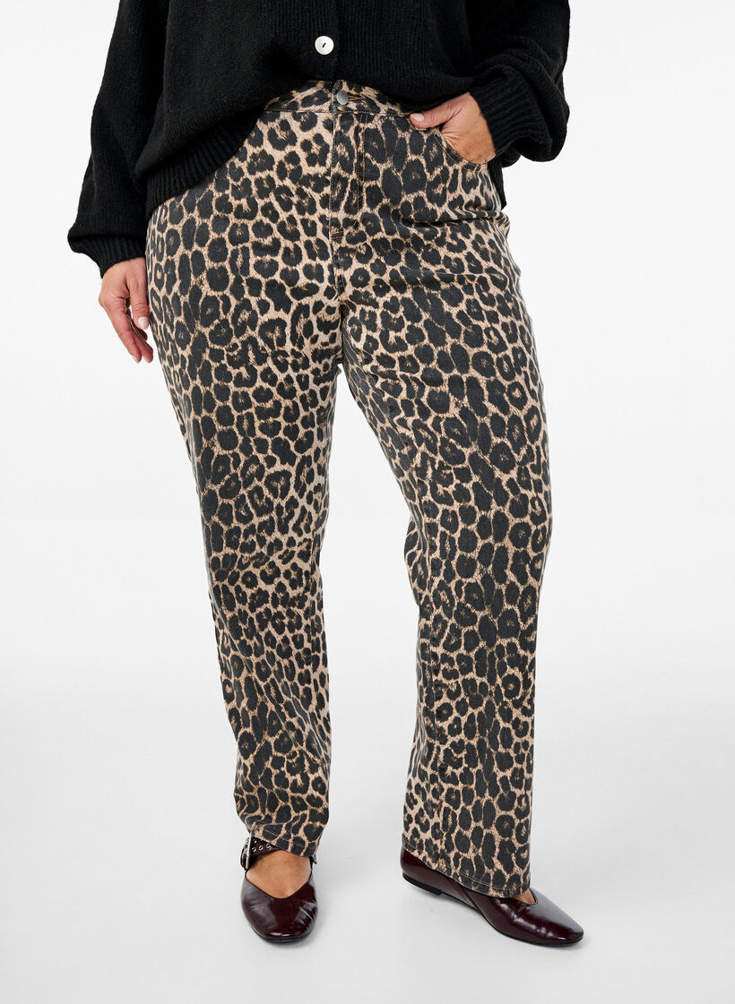 Straight fit jeans med sebraprint, Brun, Model image number 2