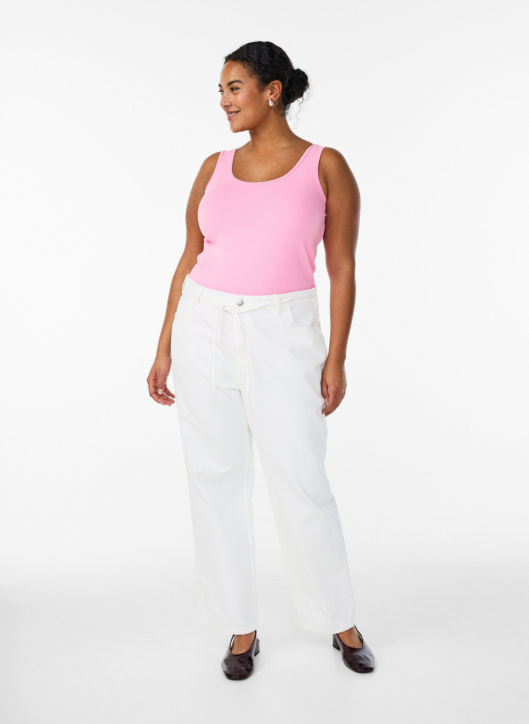 ZizziEnsfarget basic topp i bomull, Rosa, Model image number 1