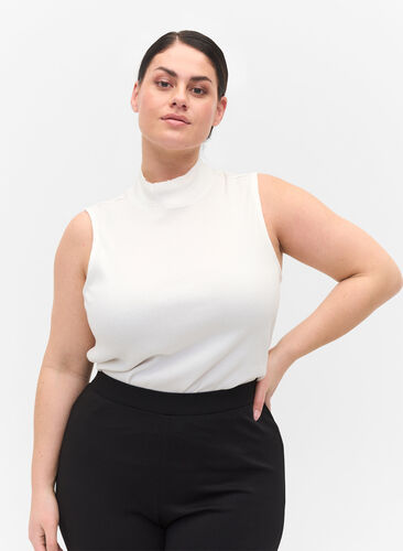 Høyhalset topp i bomull med ribbet struktur, Bright White, Model image number 0