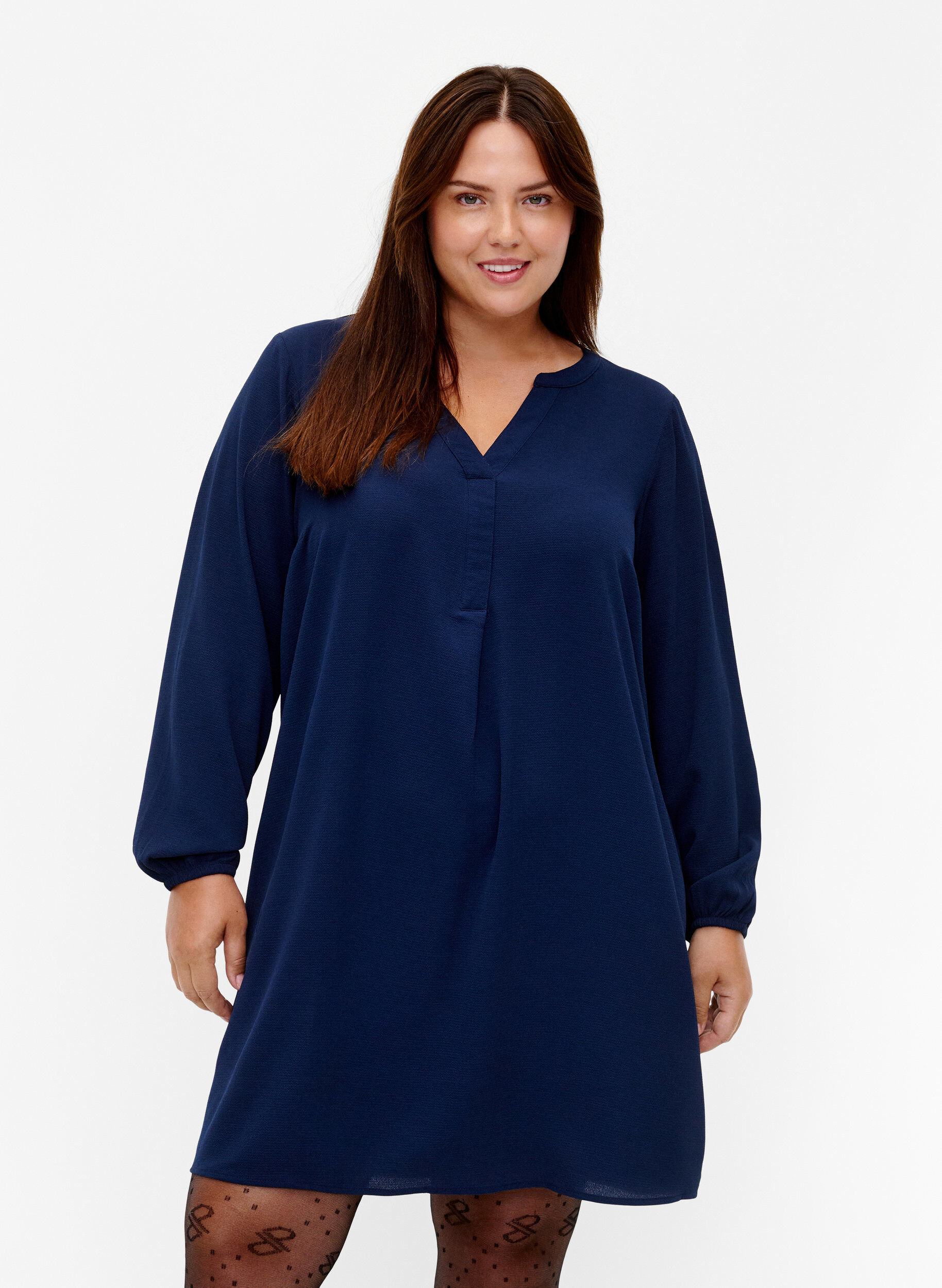 Zizzi Kjole med lange ermer og V-hals, Navy, Model image number 0