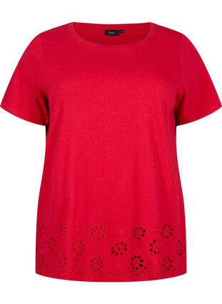 T-skjorte i bomull med broderi anglaise, Tango Red, Packshot image number 0