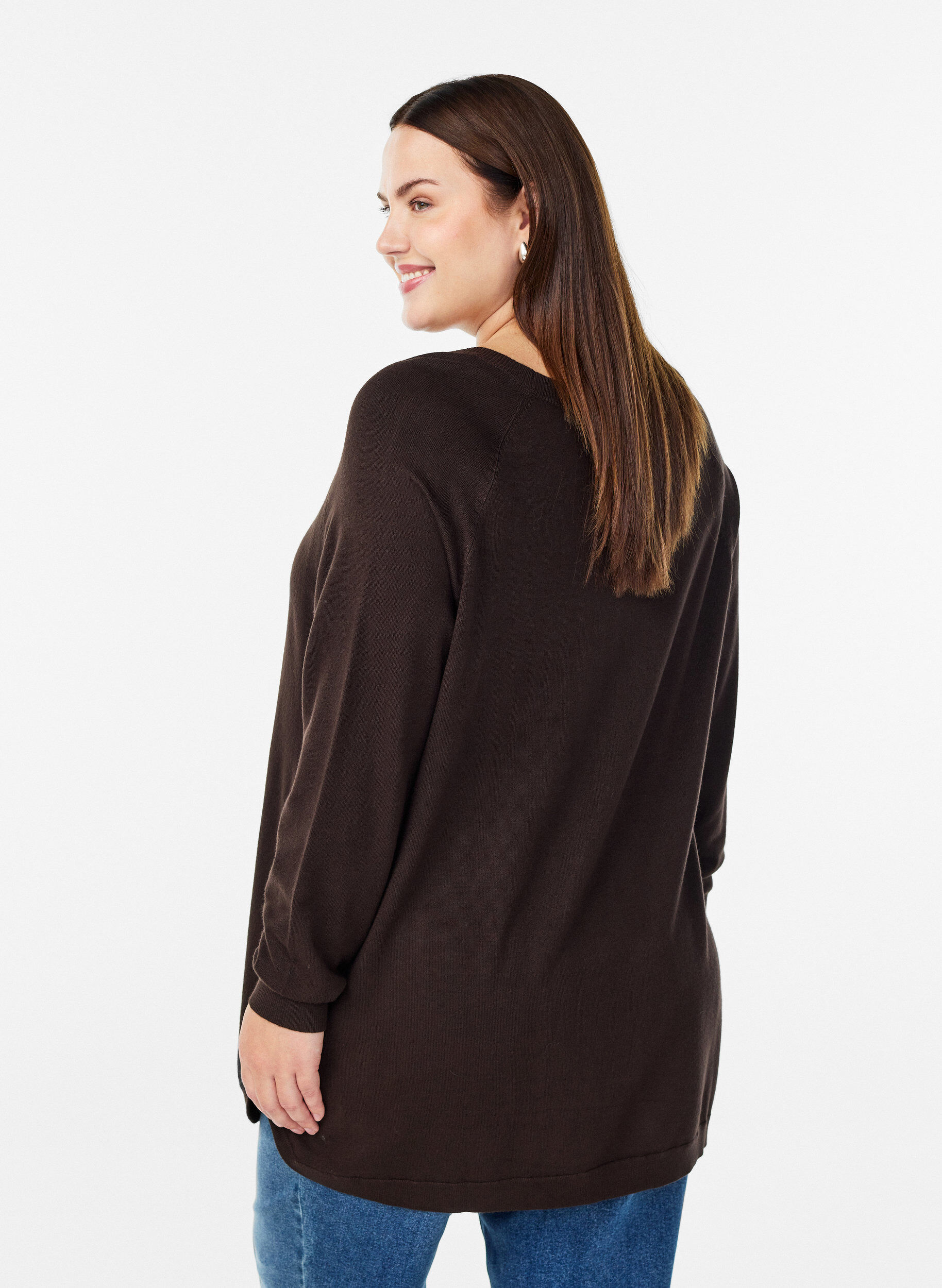 ZizziStrikkebluse med knapper i sidene, Brun, Model image number 2
