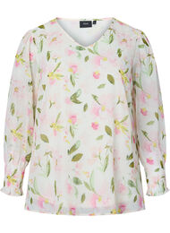 Blomstrete bluse med lange ermer og V-hals, White/Pink Flower