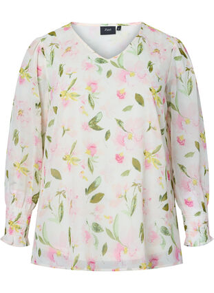 Blomstrete bluse med lange ermer og V-hals, White/Pink Flower, Packshot image number 0