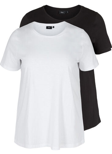 2 stk. kortermet T-skjorter i bomull, Black/Bright White, Packshot image number 0