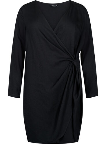 Viskosekjole med lange ermer og slå-om-look, Black, Packshot image number 0