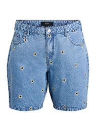 Dongerishorts med broderte blomster, Bl&aring;