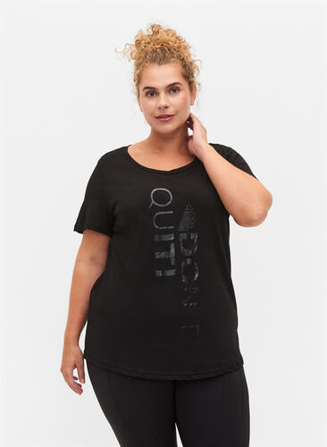 T-skjorte til trening med trykk, Black Don't Quit , Model image number 0