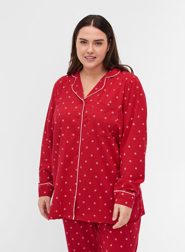 Pysjamasskjorte i bomull med mønster, Tango Red AOP, Model image number 0