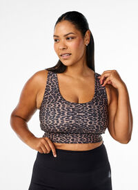 Racerback sports-BH med leopardmønster, Brun Racerback sports-BH med leopardmønster, Brun, Model