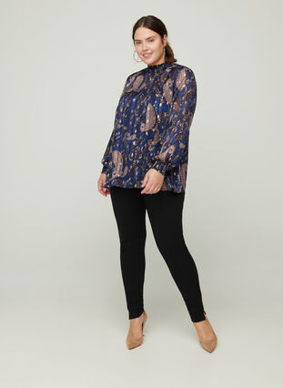Mønstrete bluse med høy hals og smock, Paisley Foil, Model image number 2