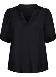 Viskosebluse med puffermer og volanger, Black