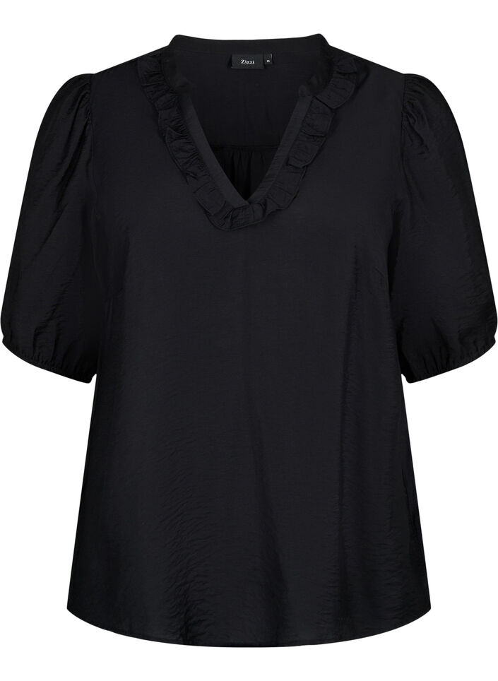 Viskosebluse med puffermer og volanger, Black, Packshot image number 0