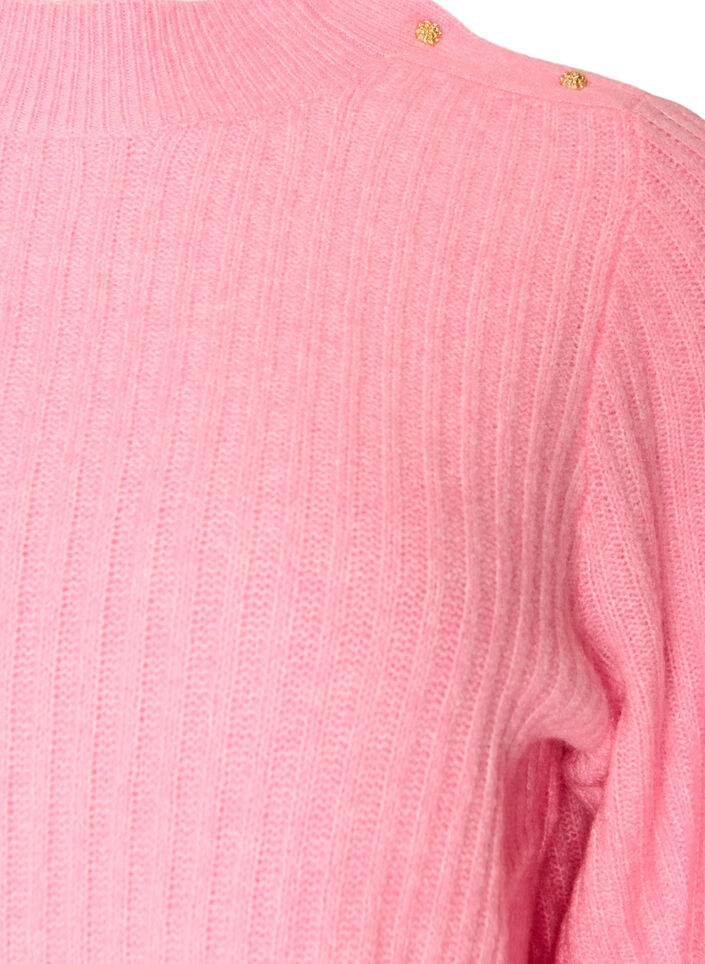 Ribbestrikket genser med puffede ermer og knapper, Rosa, Packshot image number 2