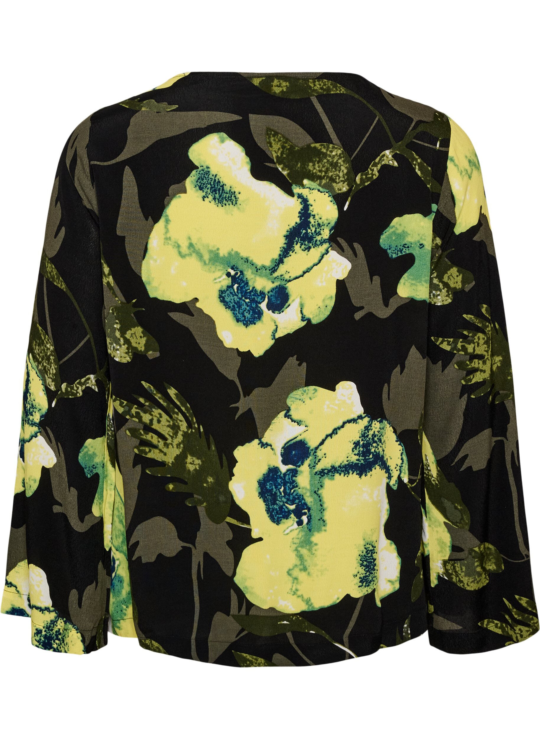 ZizziBluse med blomstertrykk med b&aring;thals og vide ermer, Svart, Packshot image number 1