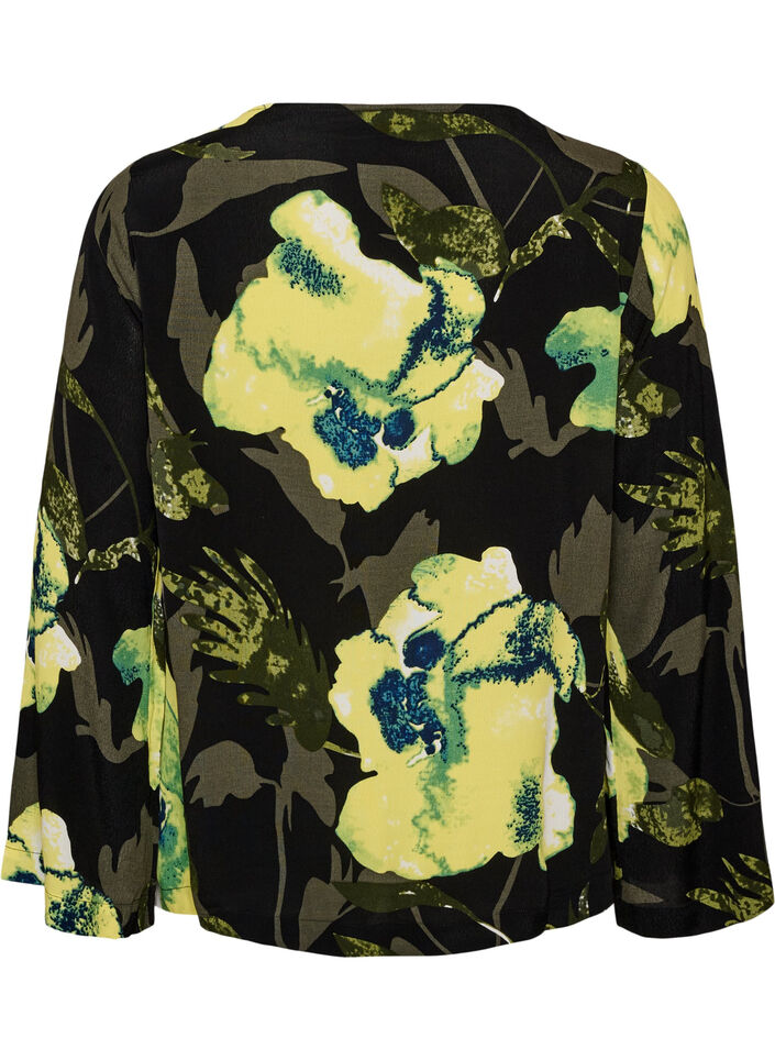 Bluse med blomstertrykk med b&aring;thals og vide ermer, Svart, Packshot image number 1