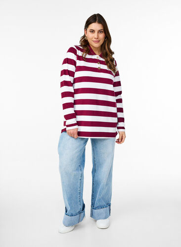 Zizzi Stripete poloskjorte med lange ermer, Hvit, Model image number 1