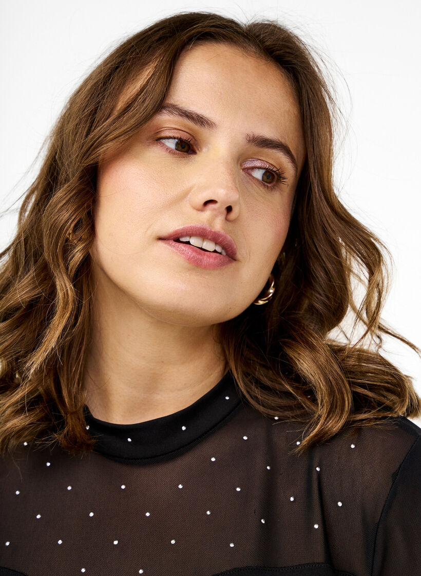 Bodystocking med nagler og lange ermer i mesh, Black, Image image number 0