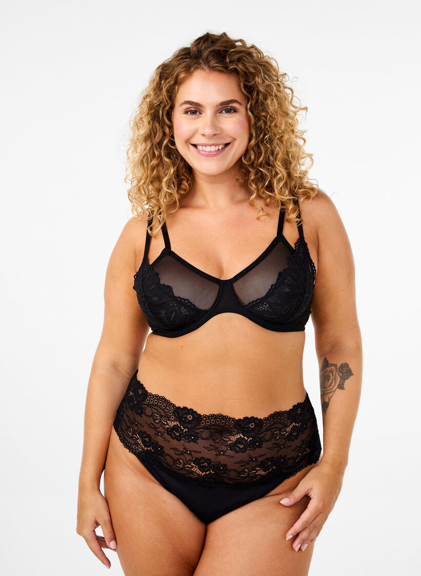 Bh med full dekning, blonder og mesh, Black, Model image number 2