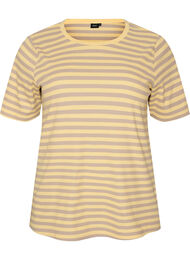 T-shirt med striper og ribbestrikket struktur, Gul