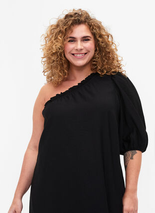One-shoulder kjole av viskose, Black, Model image number 2