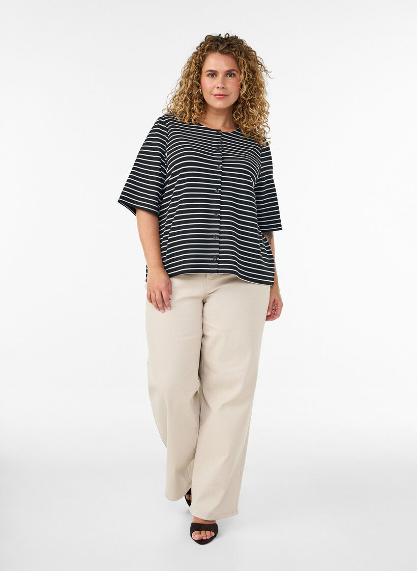 Bluse med ribbet tekstur og knappelukking, Svart, Model image number 1