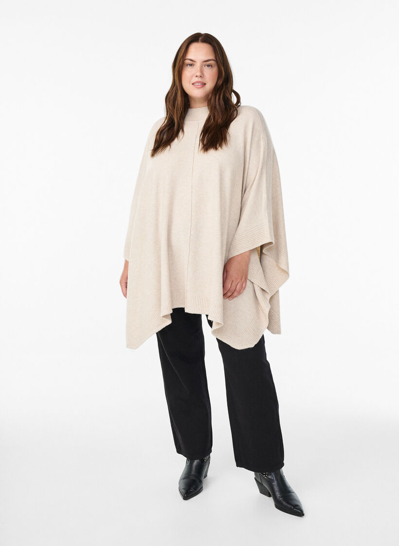 Poncho med ribbedetaljer og rund hals, Beige, Model image number 1