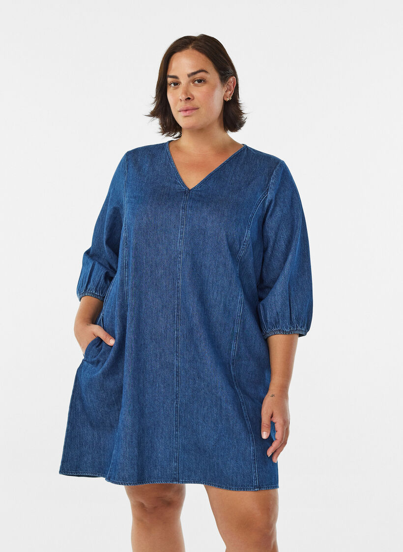 Kort denimkjole med 3/4-lange ermer, Blue Denim, Model